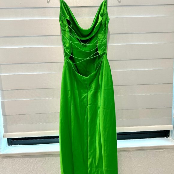 EUC ASYOU - Cowl Neck Satin Slip Midi Dress - Green Color - Picture 4 of 5